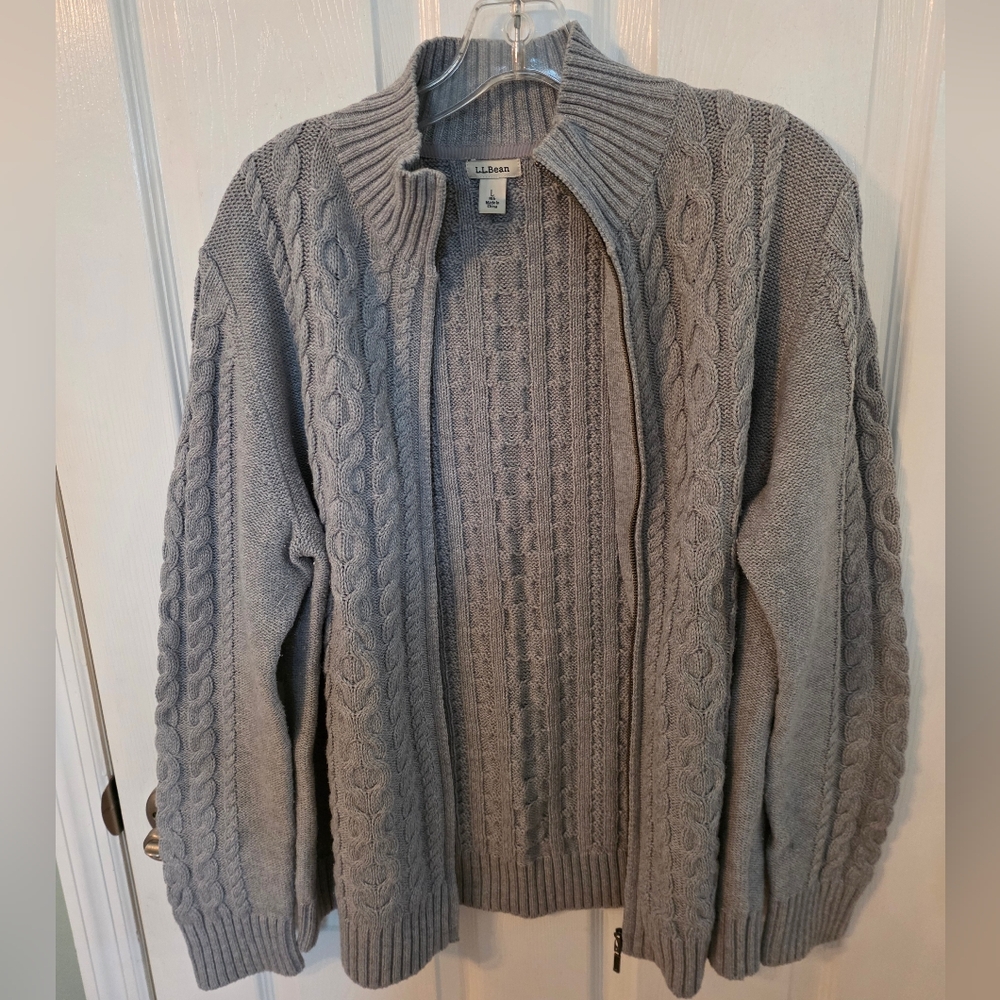 L.L. Bean Women Fisherman Grey Cable Knit Sweater Full Front Zip L - Picture 2 of 12